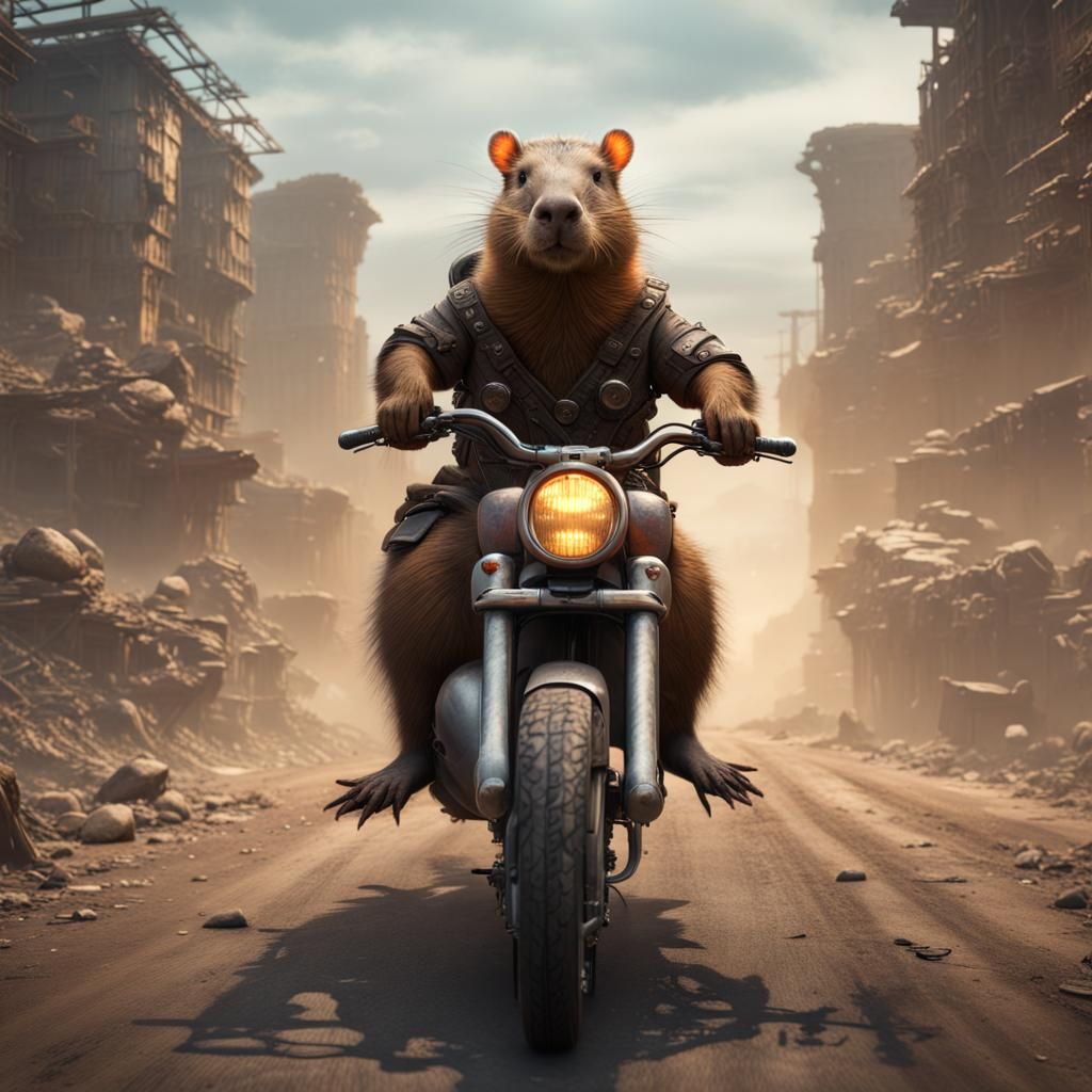 Armored Capybara Rides Motorcycle in Apocalypse