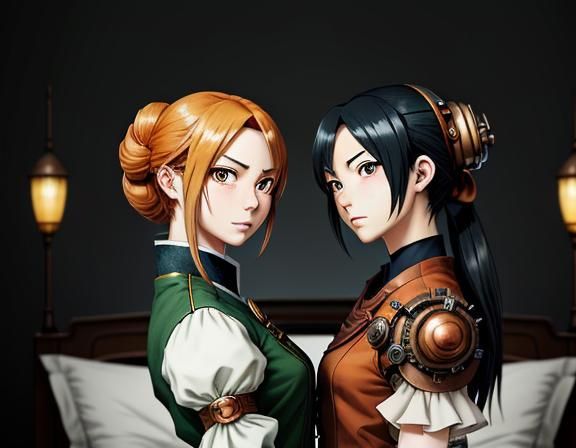 Steampunk Manga: Twin Kemono Sisters Kissing