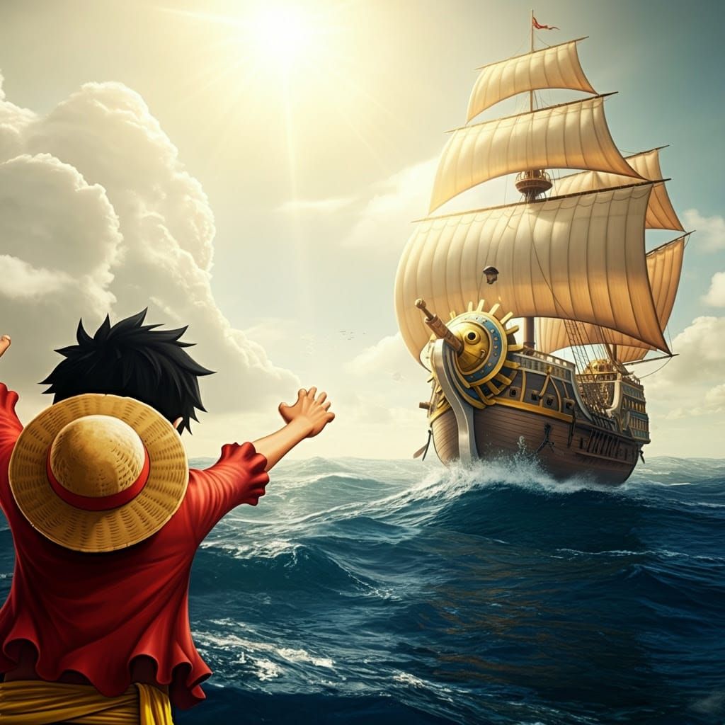 Luffy Stretches Toward Majestic Sailing Vessel in Vibrant, F...