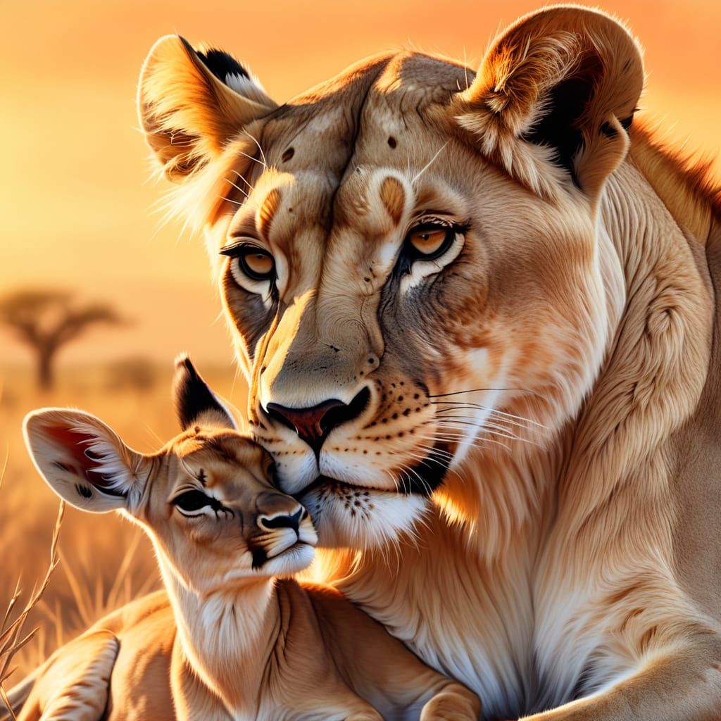 Lioness Nurses Antelope in Golden Hour Oil Painting
