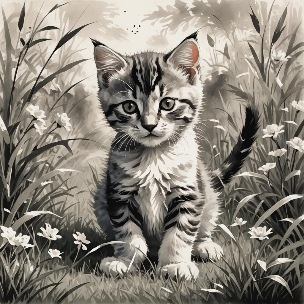 Kitten Playing: Chinese Brush Painting Style