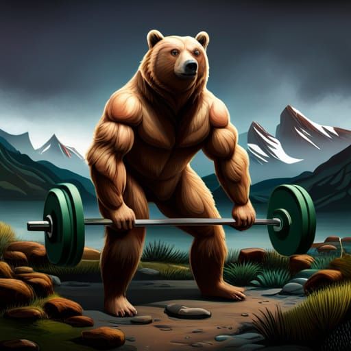 Grizzly Bear Deadlifting: Detailed Matte Painting