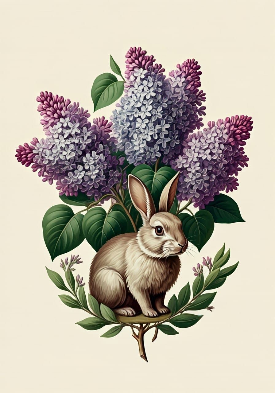 Botanical Lilacs with Gentle Rabbit Companion
