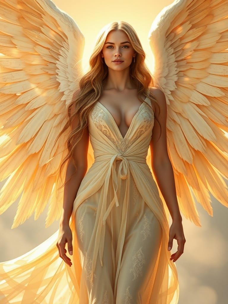 Golden Angel with Wings in Heroic Pose