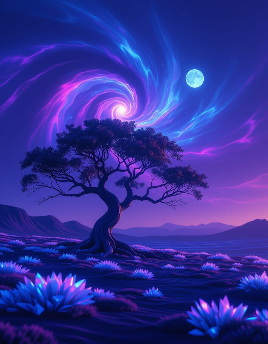 Ancient Alien Tree with Holographic Bark in Nebula Sky