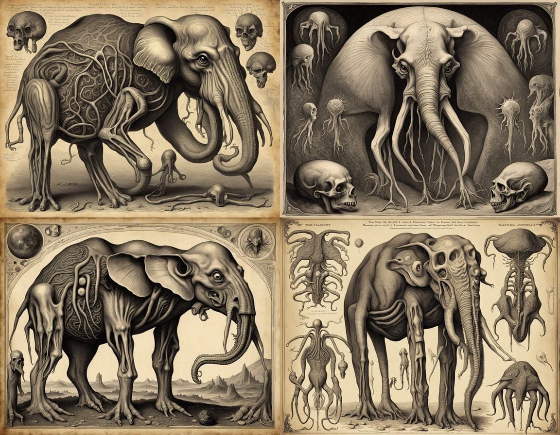 Grotesque Autopsy: Elephant-Camel Hybrid in Sepia Tones
