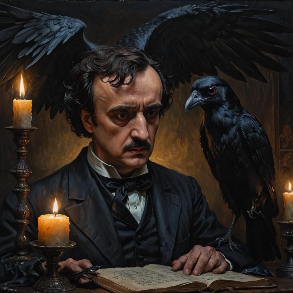 Poe and Raven: A Gothic Oil Painting