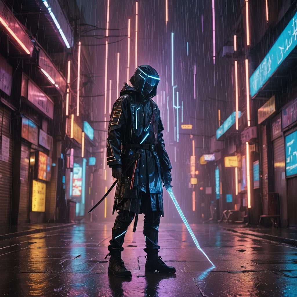Neon-Lit Cyberpunk Figure Gripping Swords