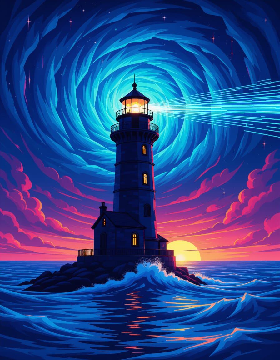 Digital Lighthouse in Cosmic Storm, Emitting Data Beam