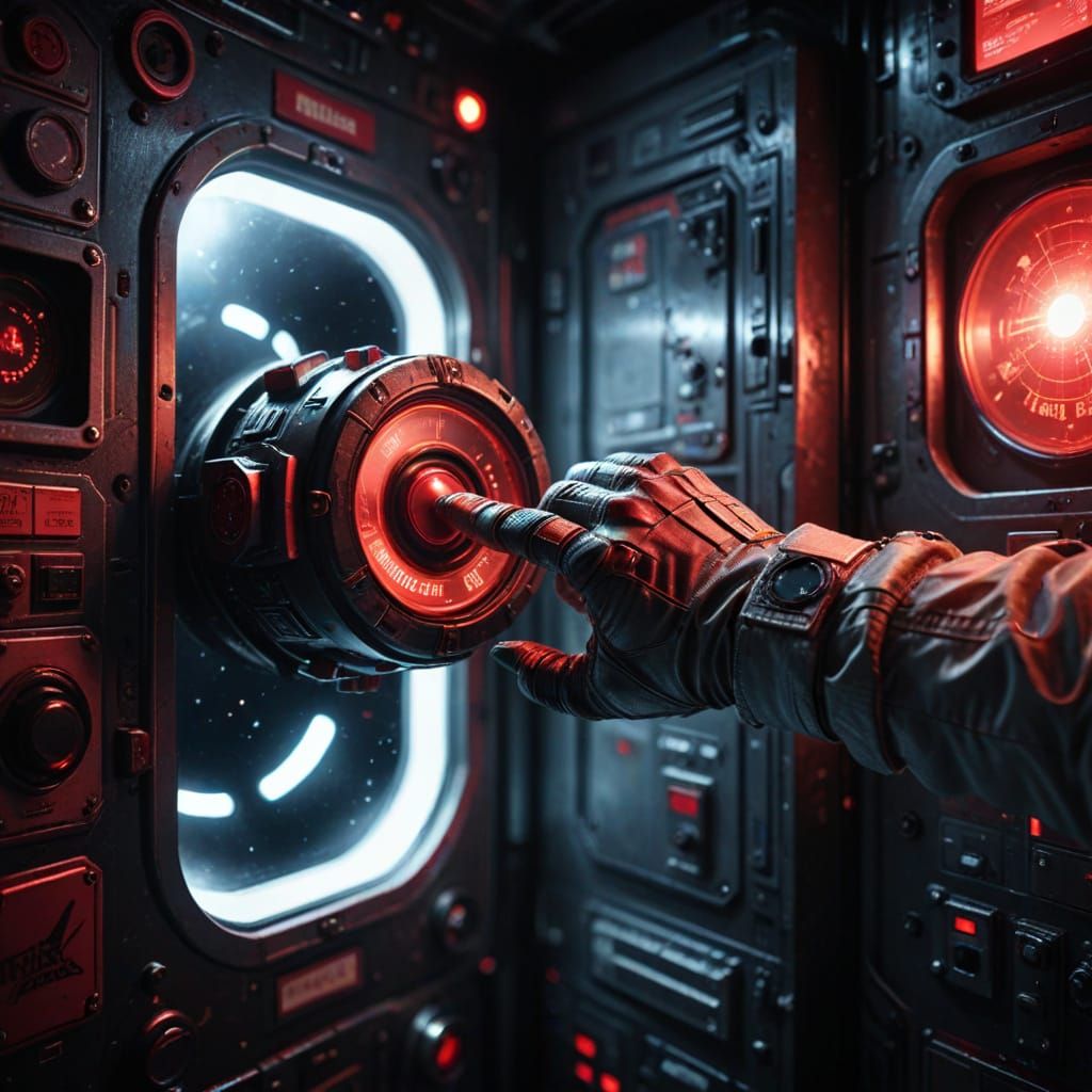 Astronaut's Hand on Airlock Button in Dark Space Station