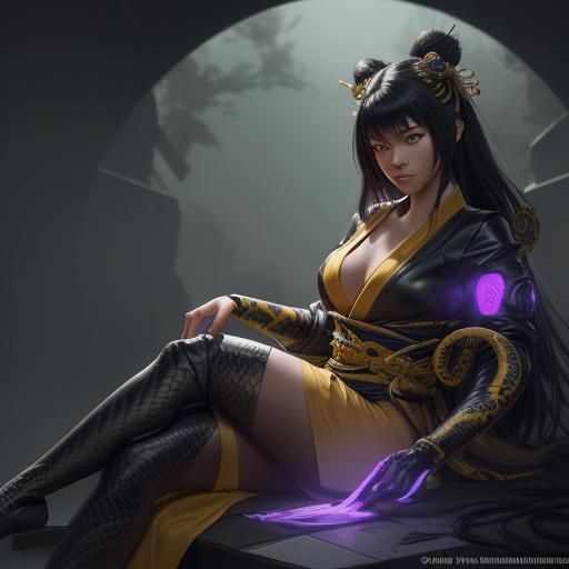 Snake Geisha Superheroine on Train, Dark Fantasy Art