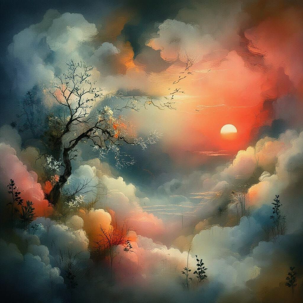 Ethereal Misty Dawn Landscape as Watercolor Art