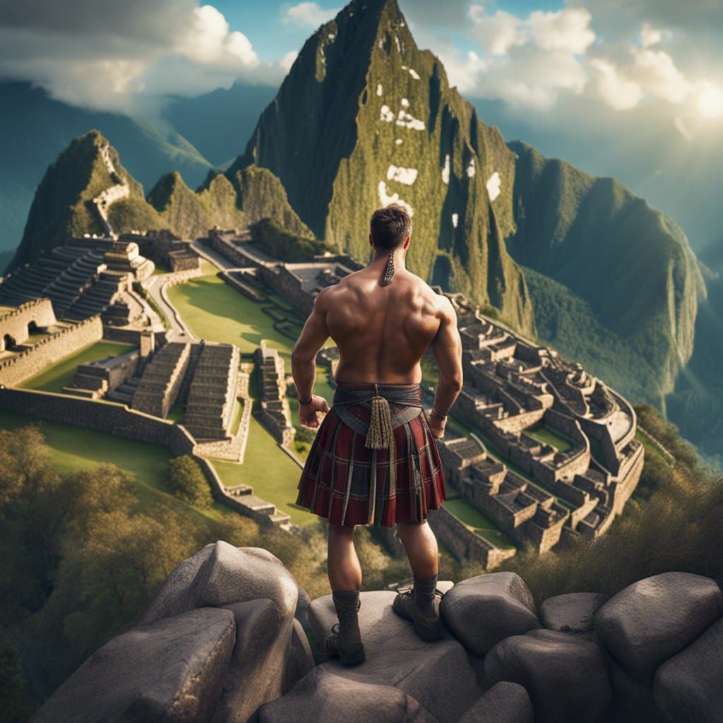 Machu Picchu: Muscled Man in Kilt, Detailed Painting