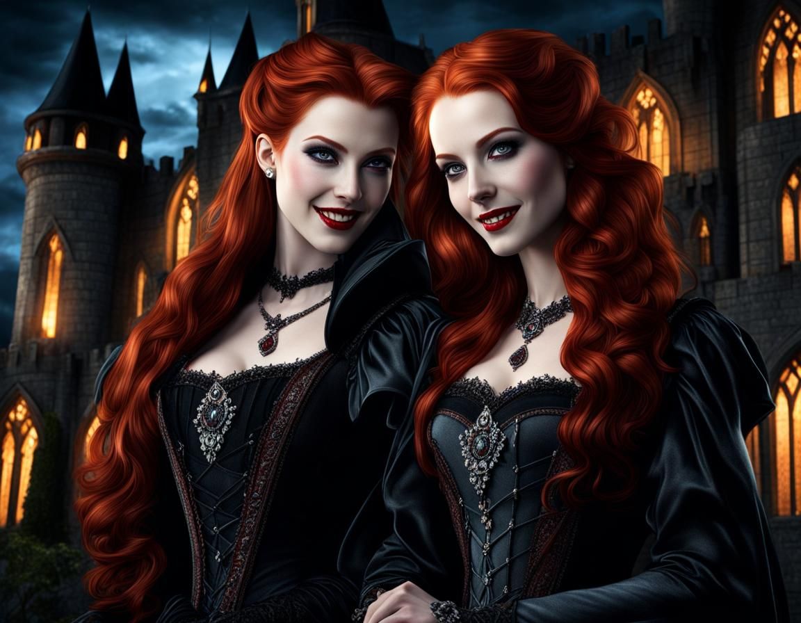 Beautiful Redhead Vampire Women in Gothic Castle