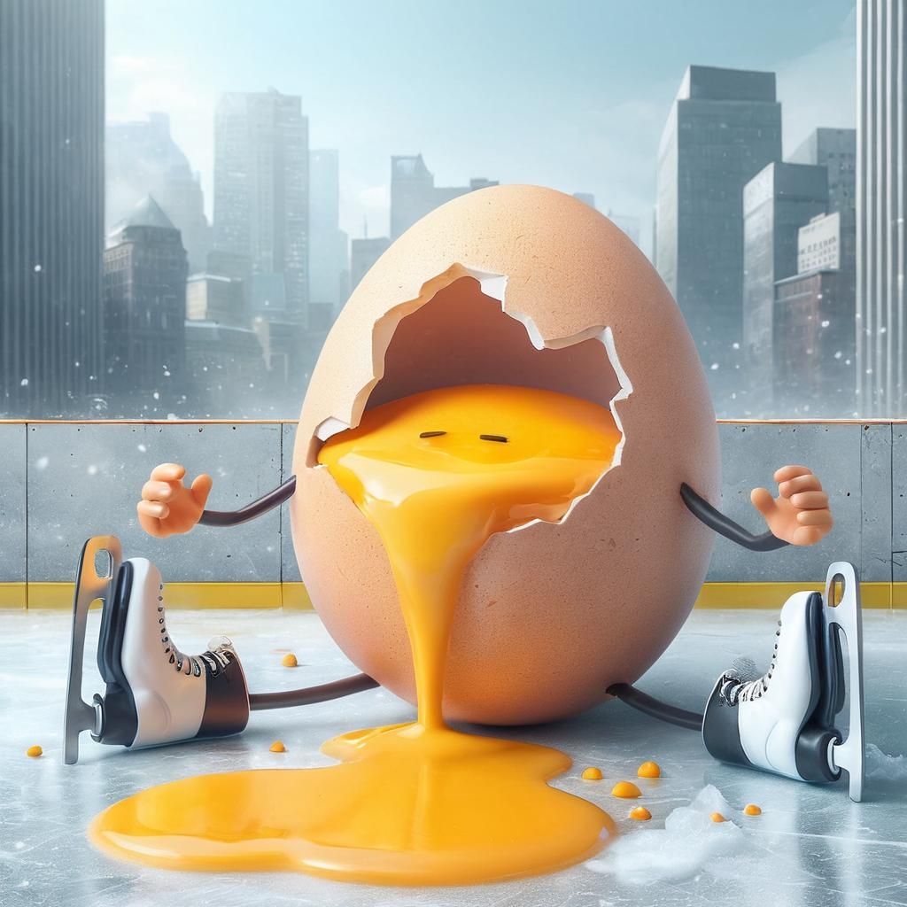Cracked Egg on Ice Skates in Surreal Cityscape