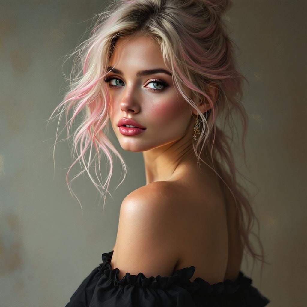 Blonde Woman with Pink Hair Streaks as Oil Painting