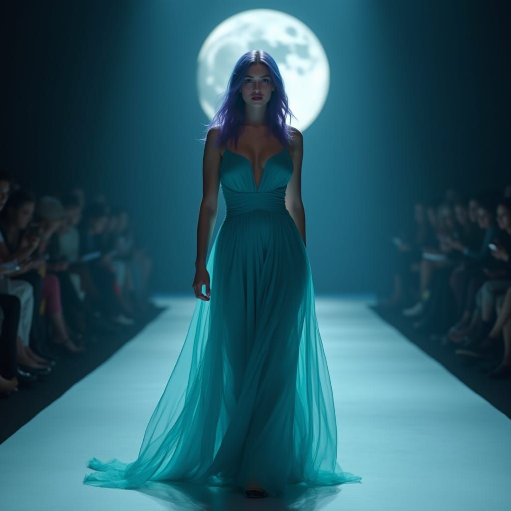 Stunning Woman Struts Down Runway in Vibrant Blue Green Gown
