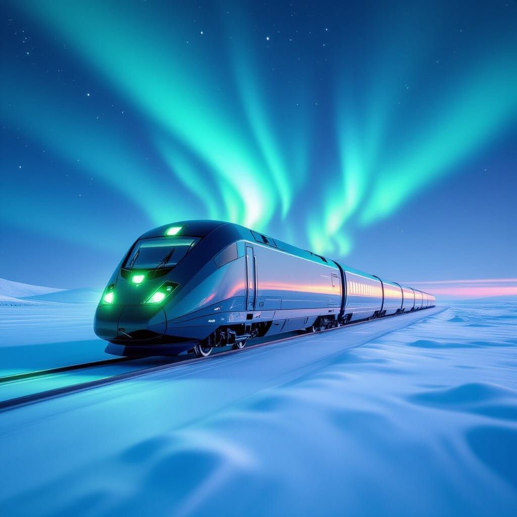 Futuristic Train Under Aurora Borealis
