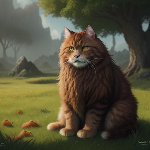 Fluffy Ginger Cat with Dewdrop, Detailed Matte Painting