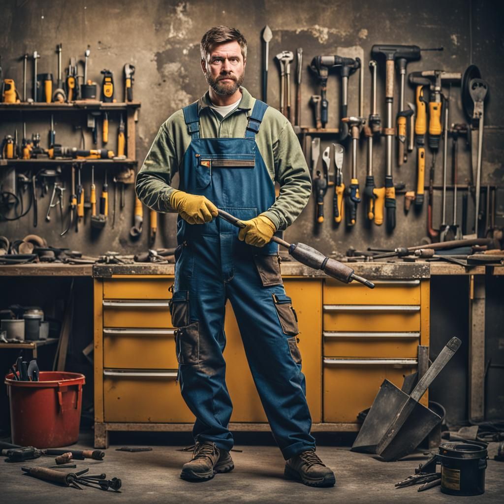 Tradesman Holding Oversized Screwdriver in Workshop