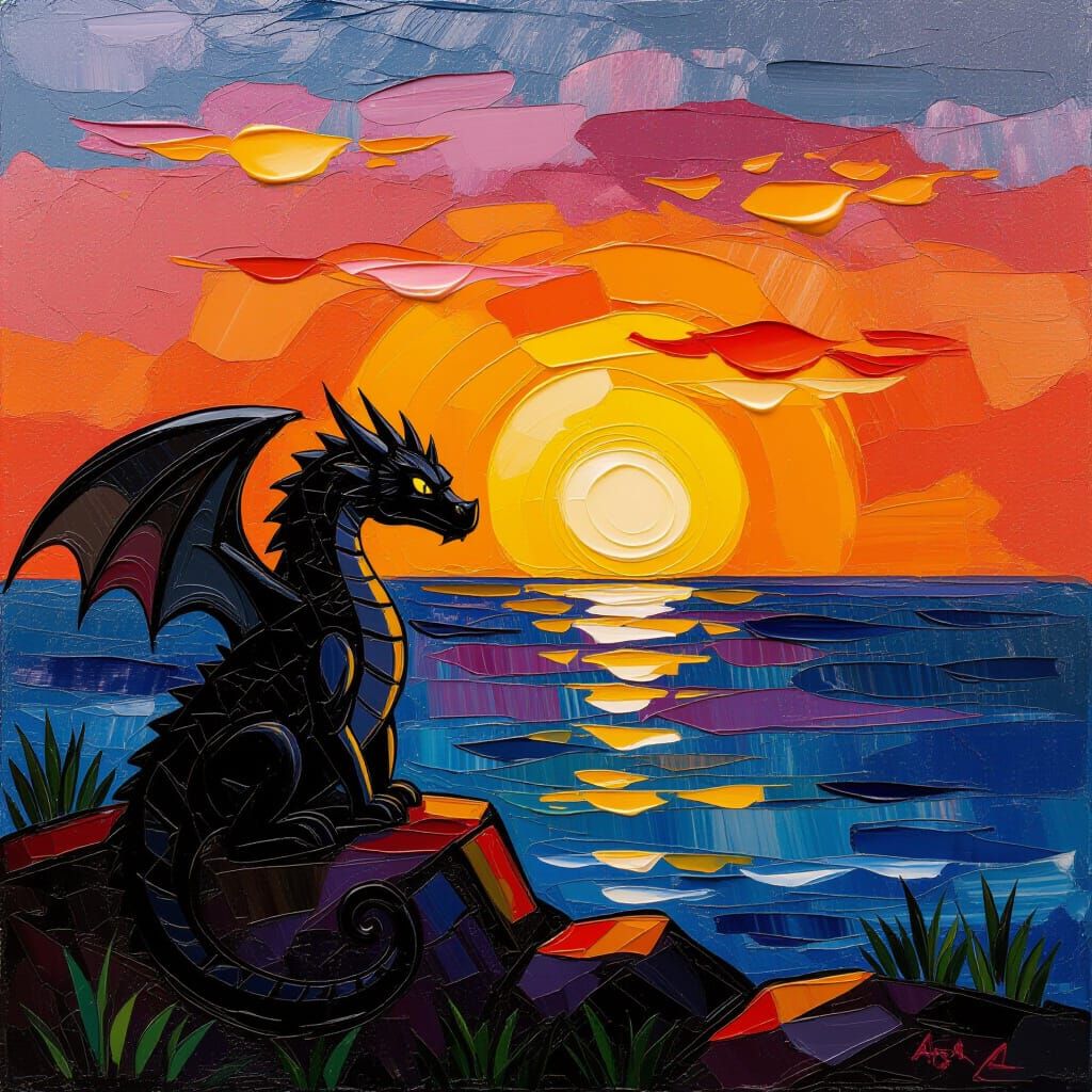 Black Dragon Watching Sunset in Impasto Style