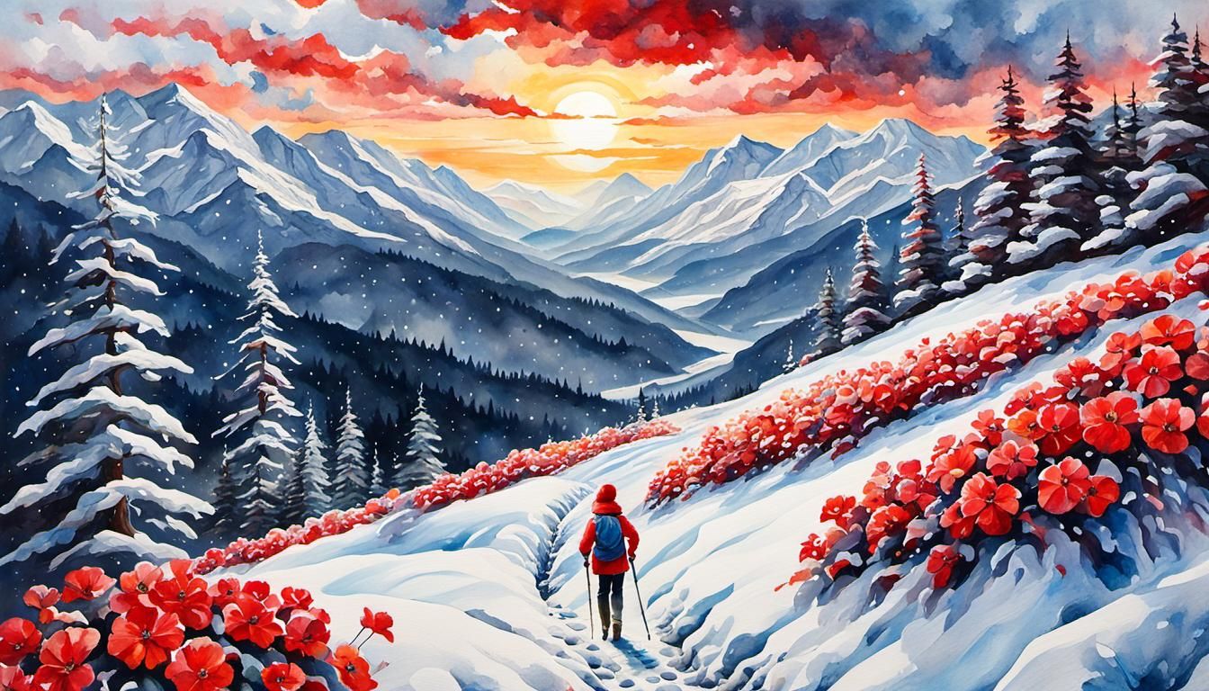 Winter Landscape with Red Begonias, Oil and Watercolor