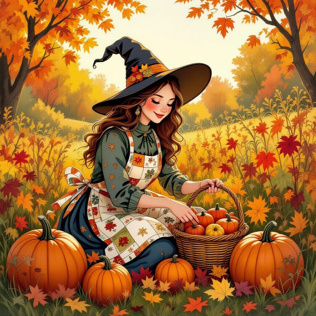 Whimsical Witch Tends Autumn Harvest Garden