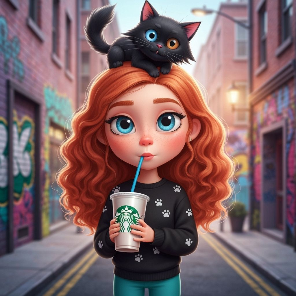 Stylized Girl with Red Hair and Cat Drink from Starbucks