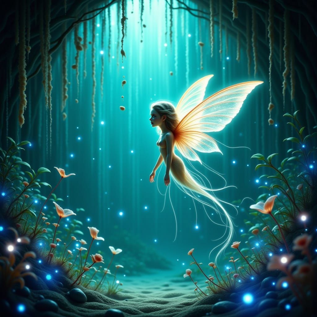 Ethereal Sprite in Dreamlike Underwater Grotto