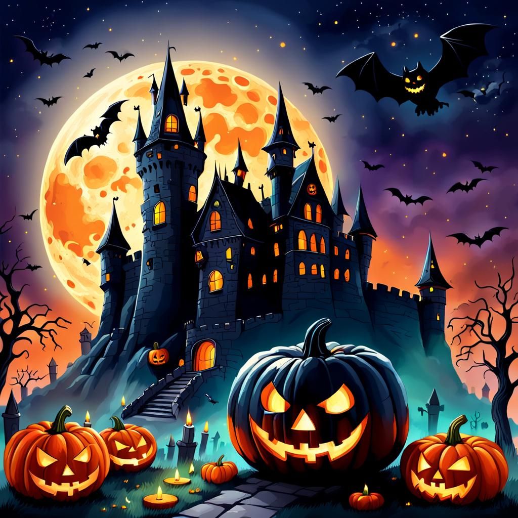 Creepy Halloween Pumpkin with Castle and Raven