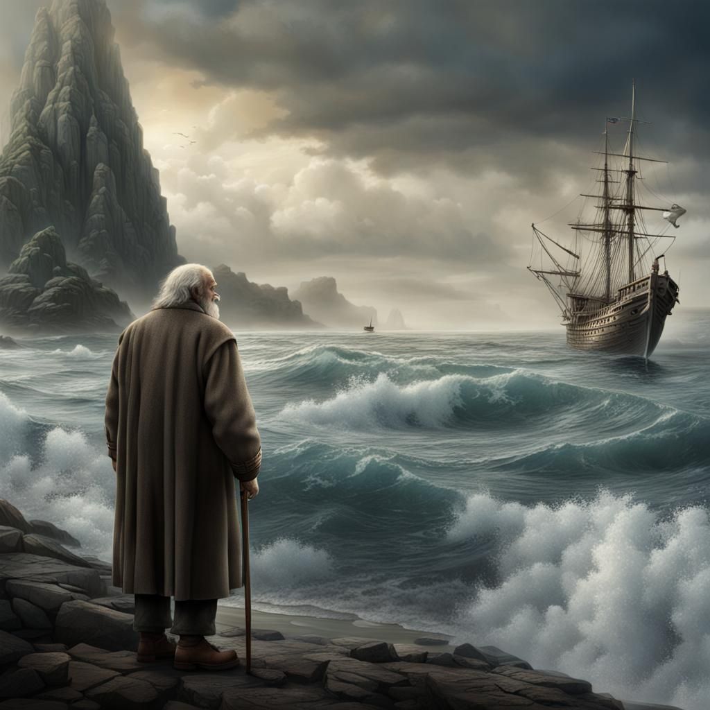 Old Man and Sea God in Detailed Matte Painting