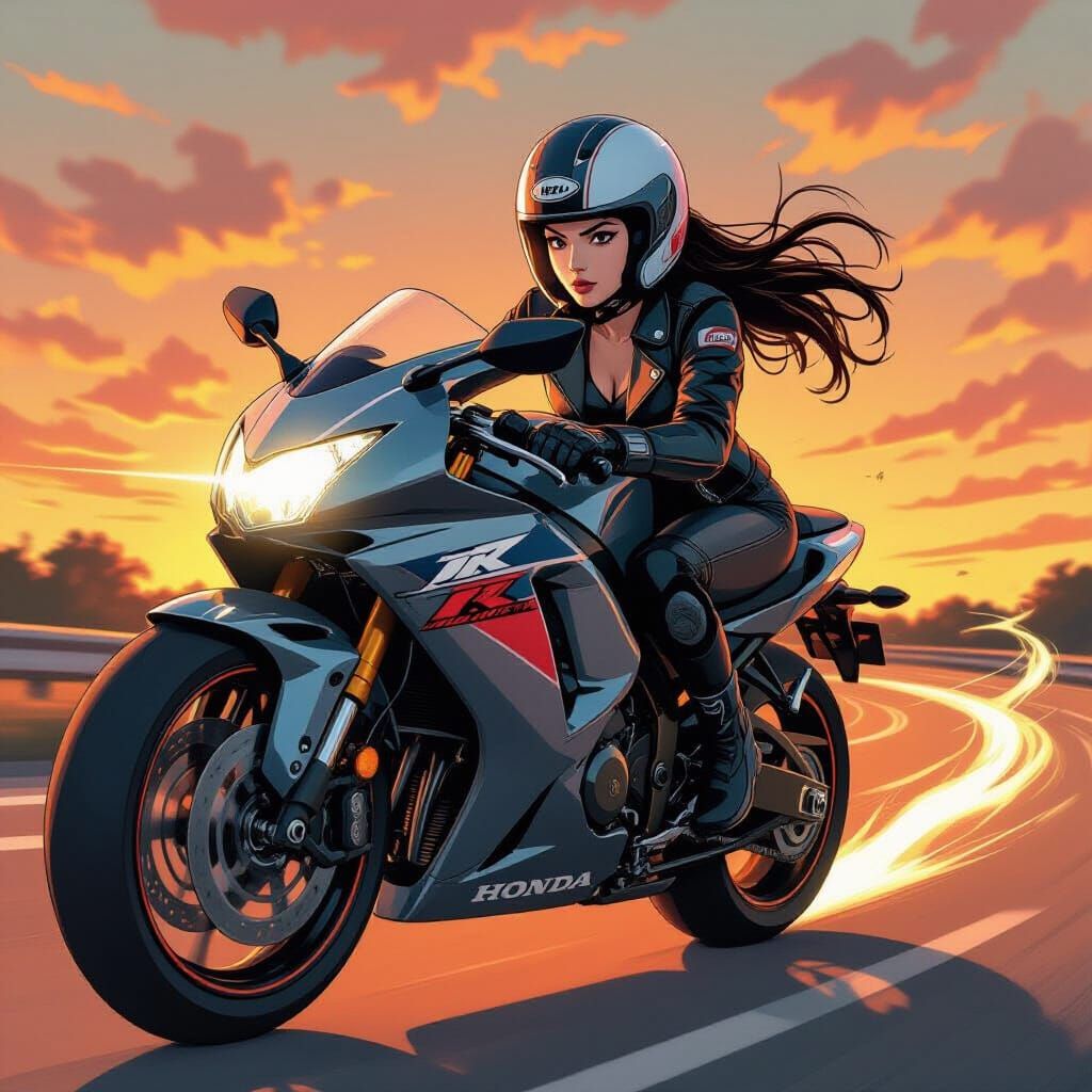 Motorcycle Curve: 1990s Manga Style Japanese Woman