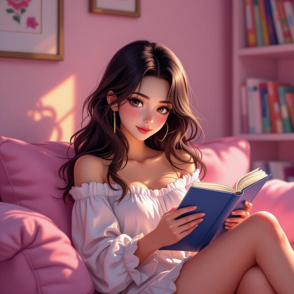 Anime Girl Reading in Cozy Pink Apartment