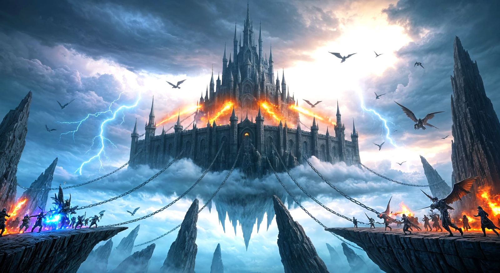 Epic Sky Fortress Siege in Painterly Realism