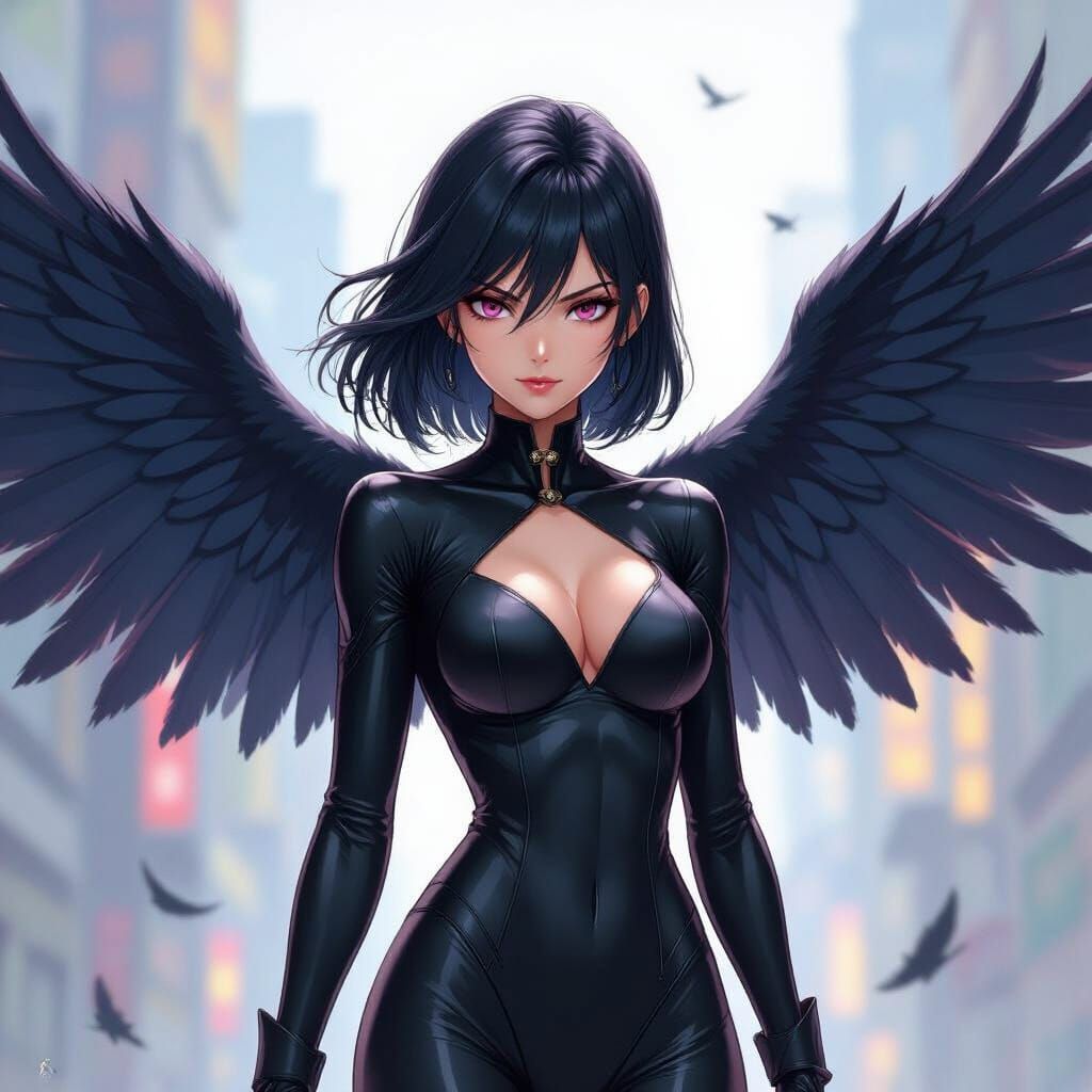 Anime Hero with Crow Wings in Black Suit