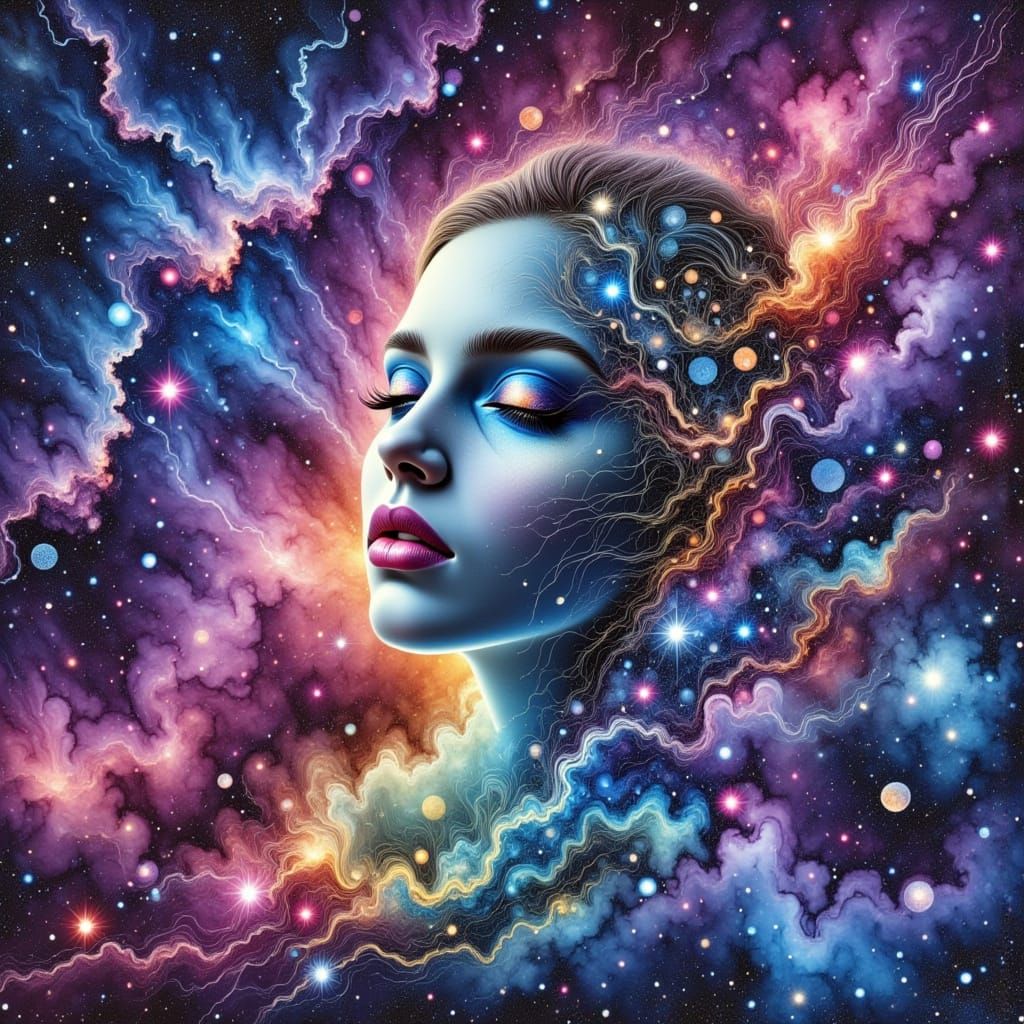 Celestial Goddess Among Starry Cosmic Flux