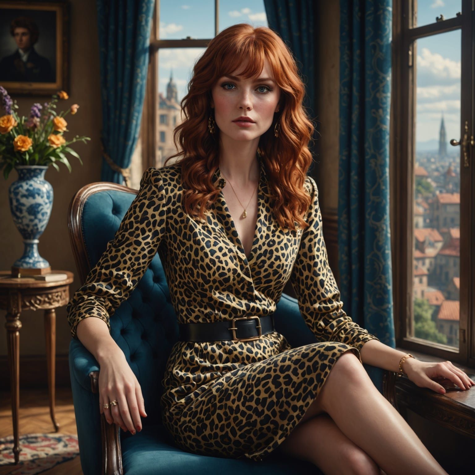 Enchanting Red-Haired Fantasy Princess in Splendid Leopard A...