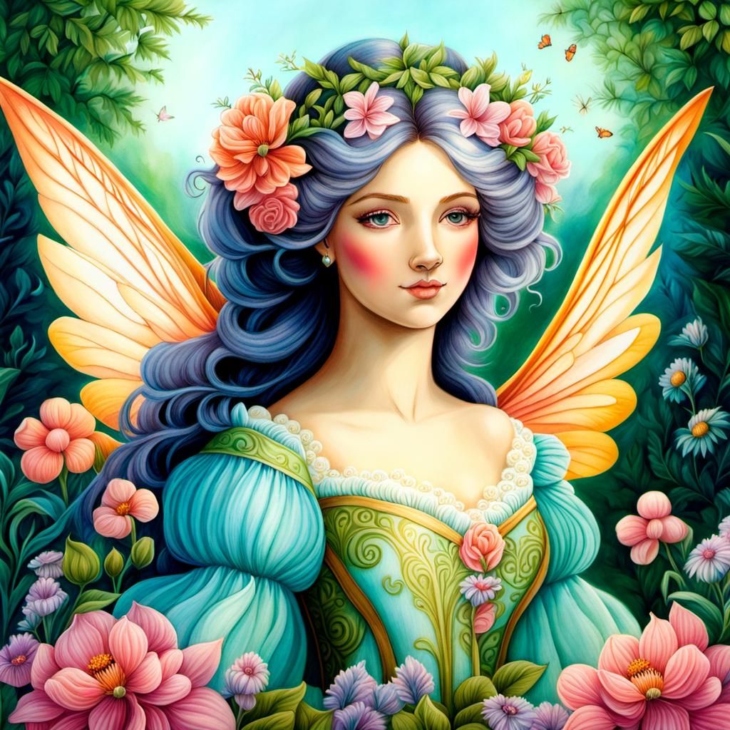 Fairy; Whimsical Wonderland Rococo colored pencil and ink illustration.