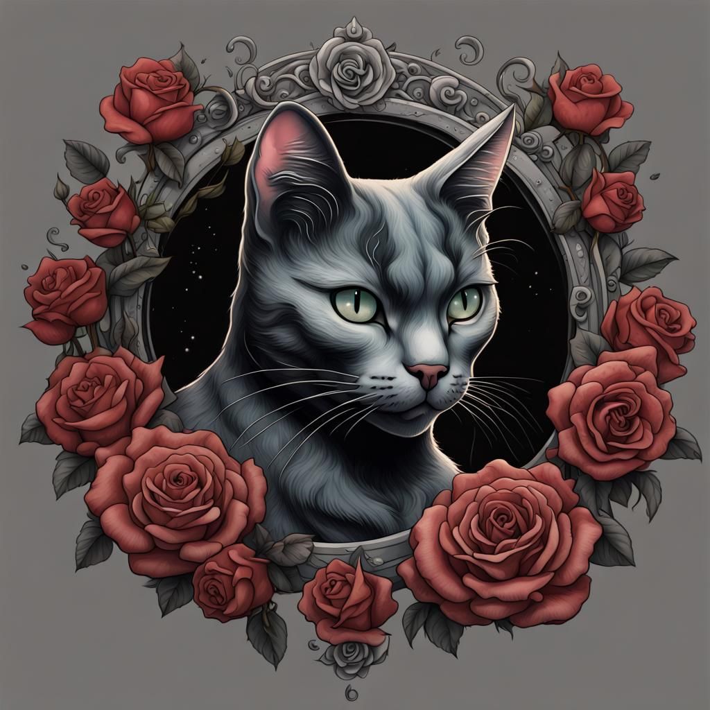 Luna Cat Tattoo Design with Roses