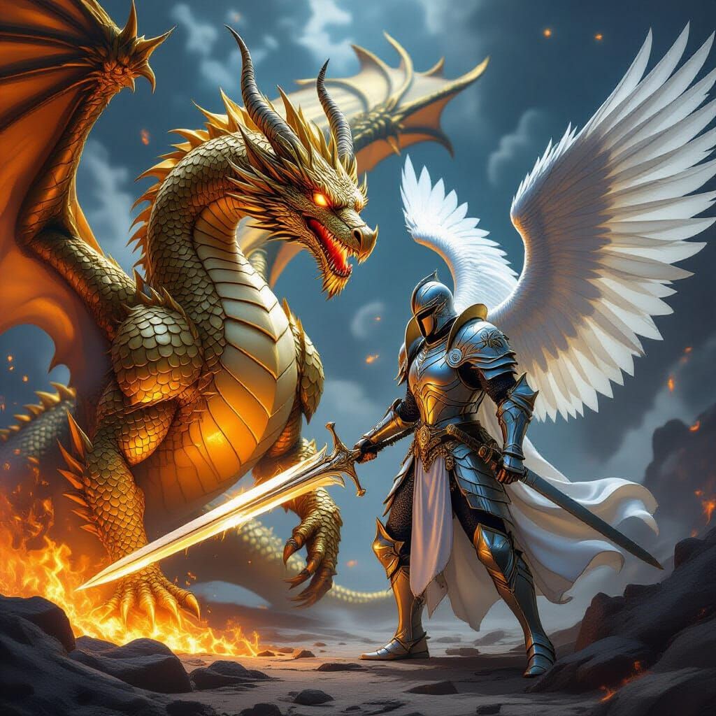 Epic Angel Knight Battles Fiery Golden Dragon