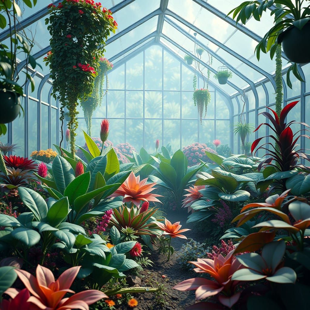 Vibrant Geometric Garden in a Dreamlike Greenhouse