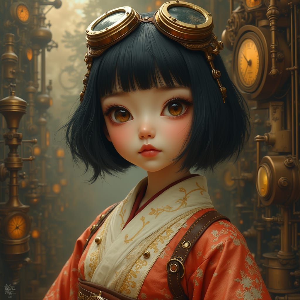 Steampunk Japanese Goddess in Oil Painting Style