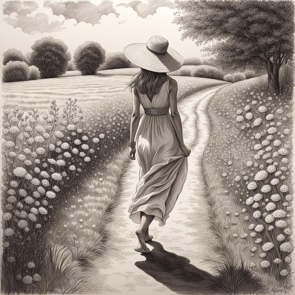 Elegant Woman in Sun Dress: Monochromatic Ink Drawing