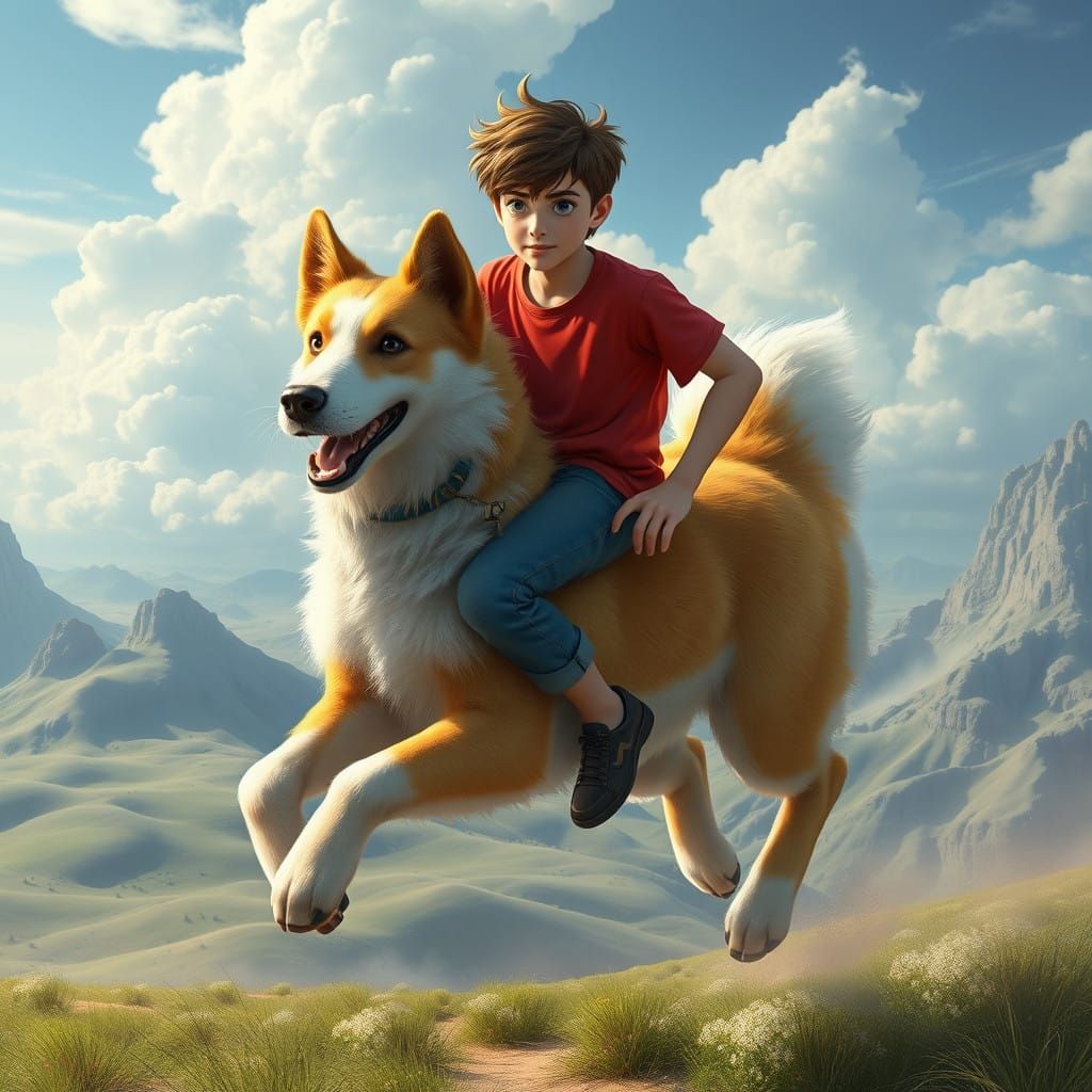 Anime-Inspired Boy Riding Majestic Jack Russell Creature in ...