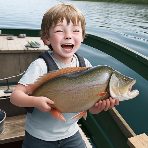 A photorealistic image of a happy child on a fishing trip, h...