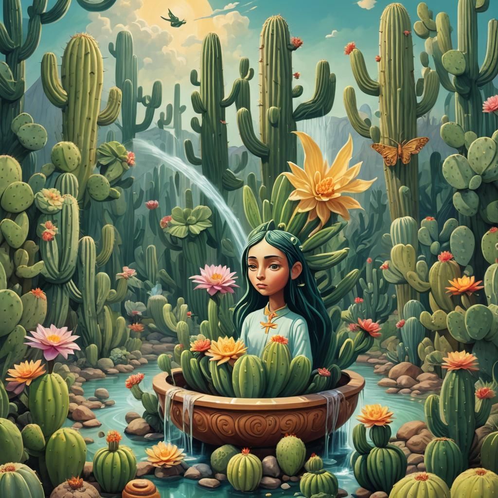 Surreal Fountain with Talking Cactus in Mas-Surrealism