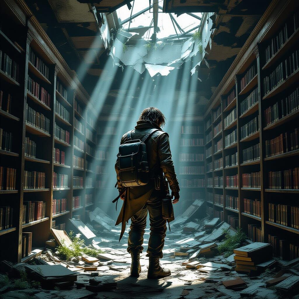 Post-Apocalyptic Survivor Scavenging in Ruined Library