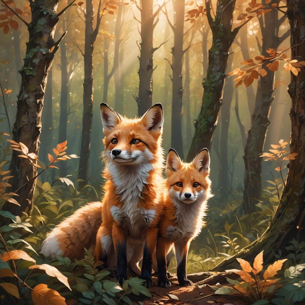 Whimsical Baby Fox Portrait in Forest Concept Art