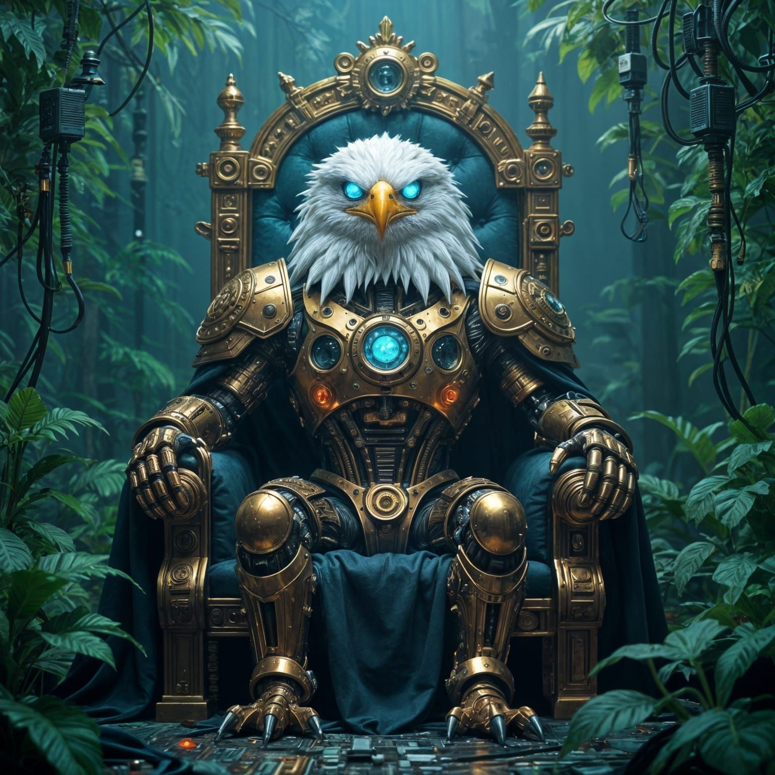 Biomechanical Eagle on Circuit Board Throne