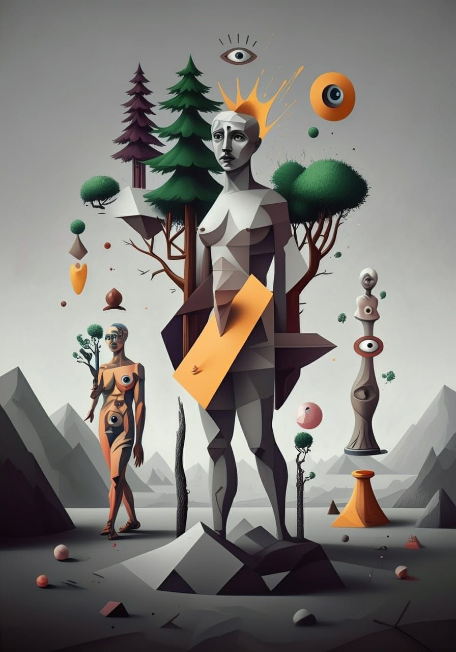 Surreal Cubist Figures in Grayscale with Graffiti Textures